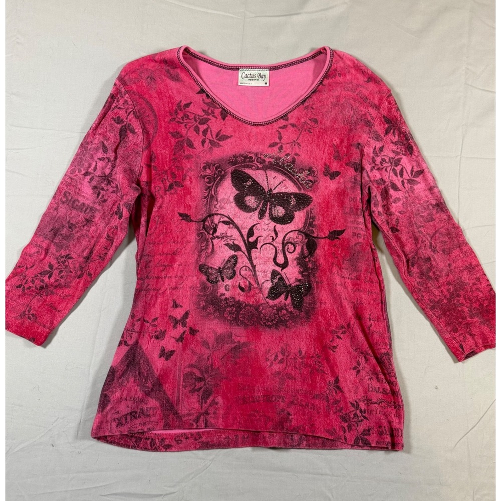 Cactus Bay Apparel Pink Butterfly Graphic Top 3/4 Sleeve V-Neck Cotton Med Y2K